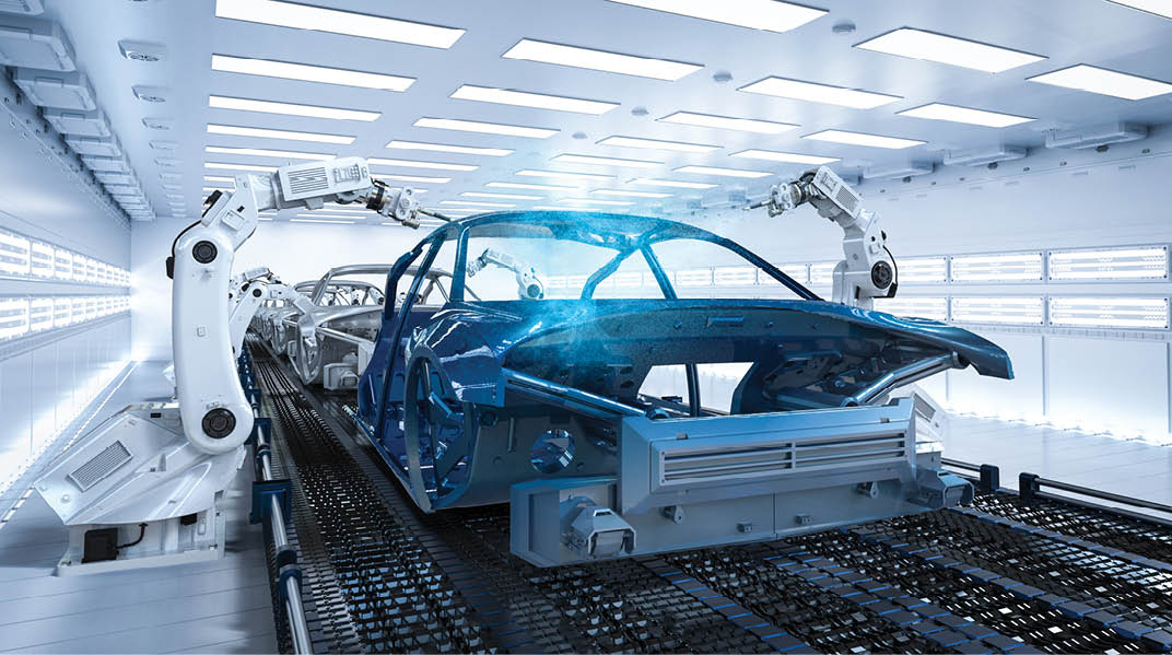Automation aumobile factory concept with 3d rendering robot assembly line in car factory
