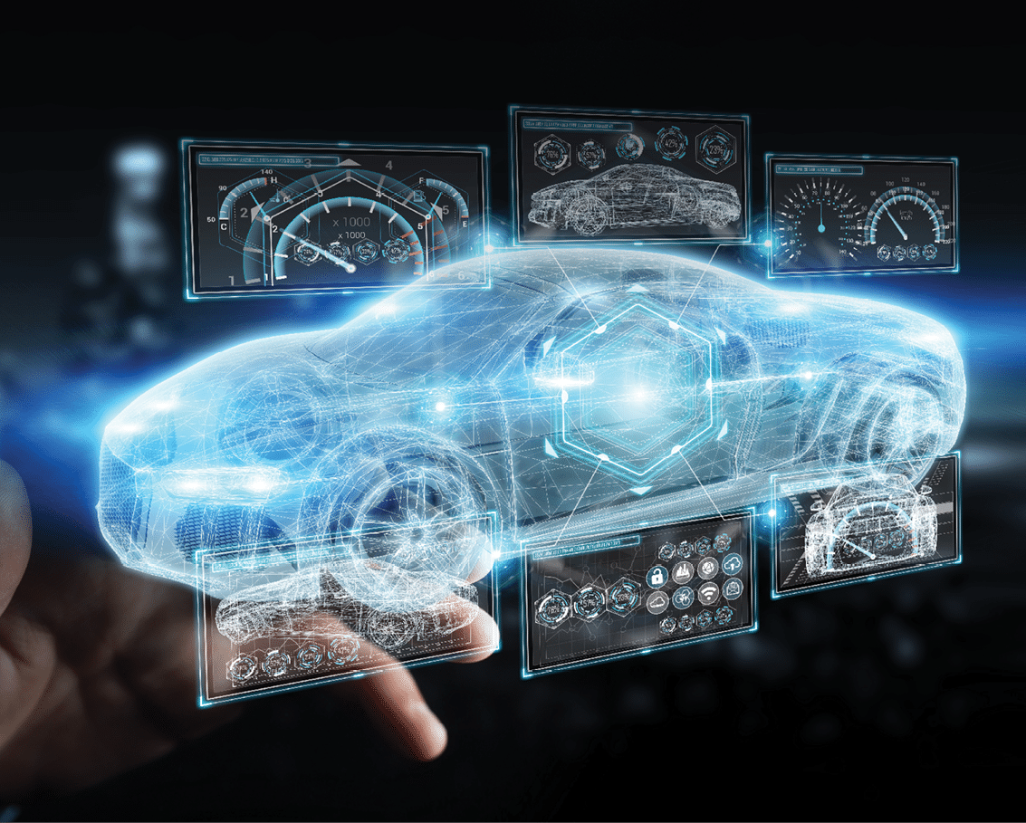 Businessman on blurred background modern smart car interface 3D rendering