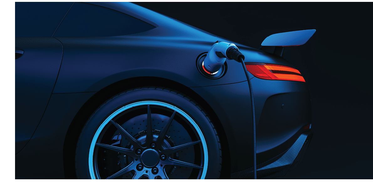 EV Electric car silhouette with low battery charging at electric charge station  3d render and illustration 