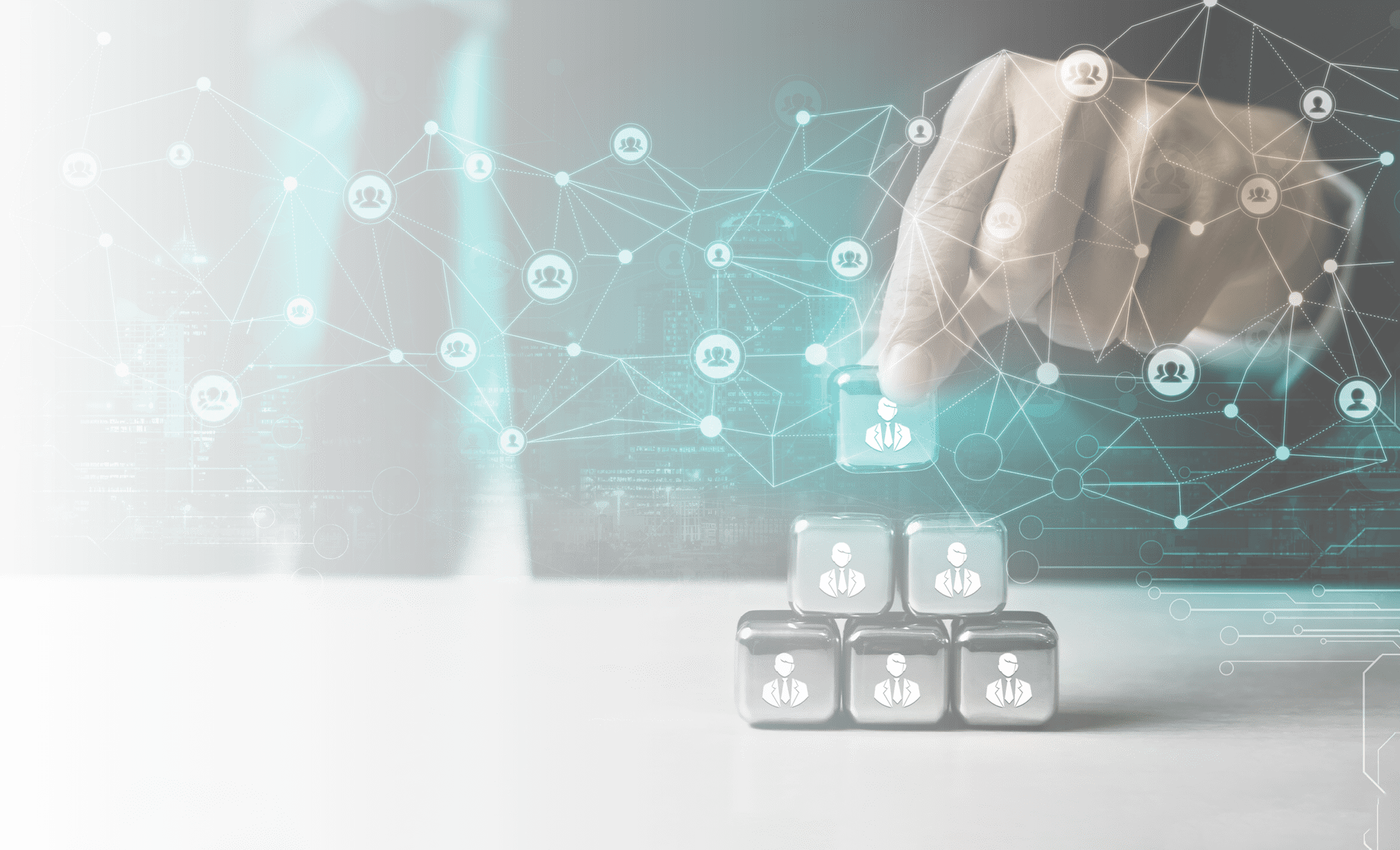 People network and global creative communication concept. Business people with modern graphic interface of community linking many people around world by social media to connect international business.