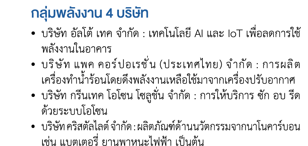  กลุ่มพลังงาน 4 บริษัท • บริษัท อัลโต้ เทค จำกัด : เทคโนโลยี AI และ IoT เพื่อลดการใช้  พลังงานในอาคาร  • บริษัท แพค...