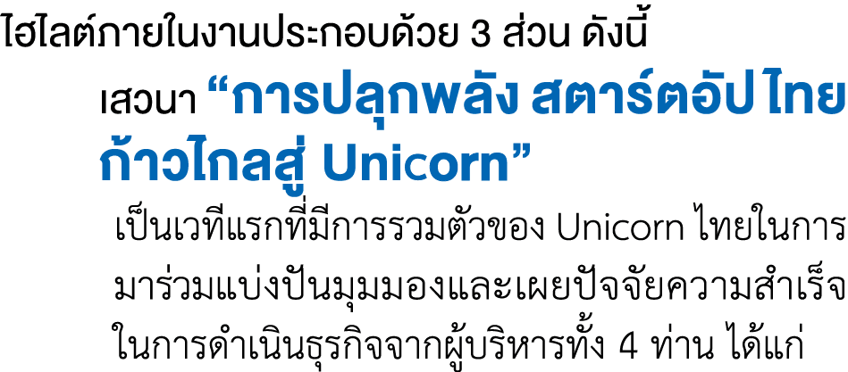 ไฮไลต์ภายในงานประกอบด้วย 3 ส่วน ดังนี้ เสวนา “การปลุกพลัง สตาร์ตอัป ไทย ก้าวไกลสู่ Unicorn”  เป็นเวทีแรกที่มีการร...