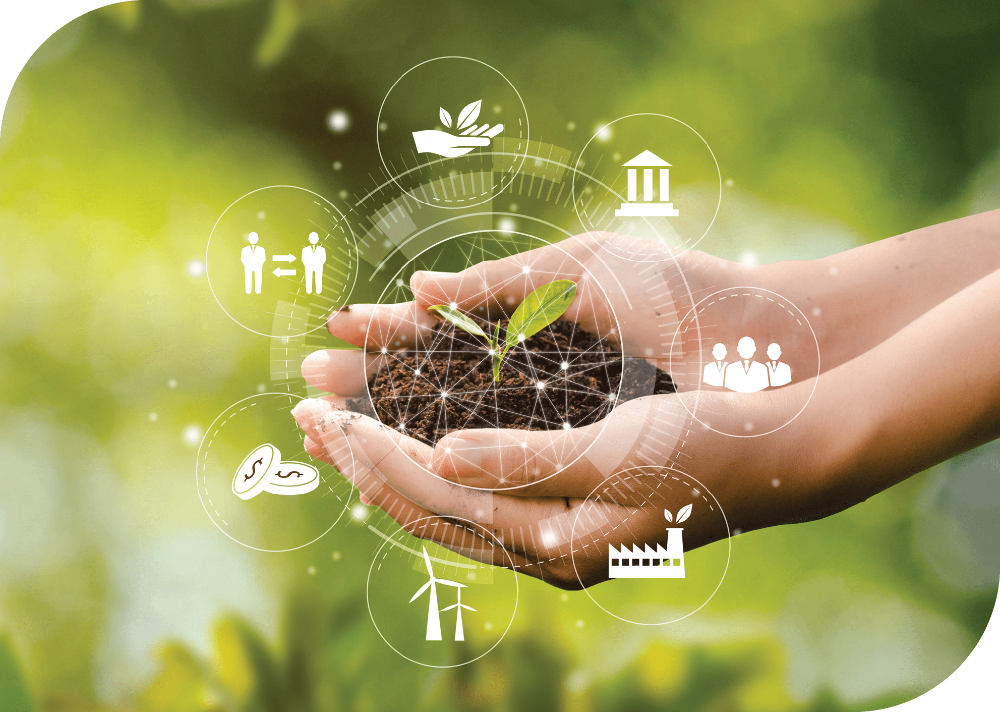 Hand planting trees with technology of renewable resources to reduce pollution ESG icon concept in hand for environmental, social and sustainable business governance.