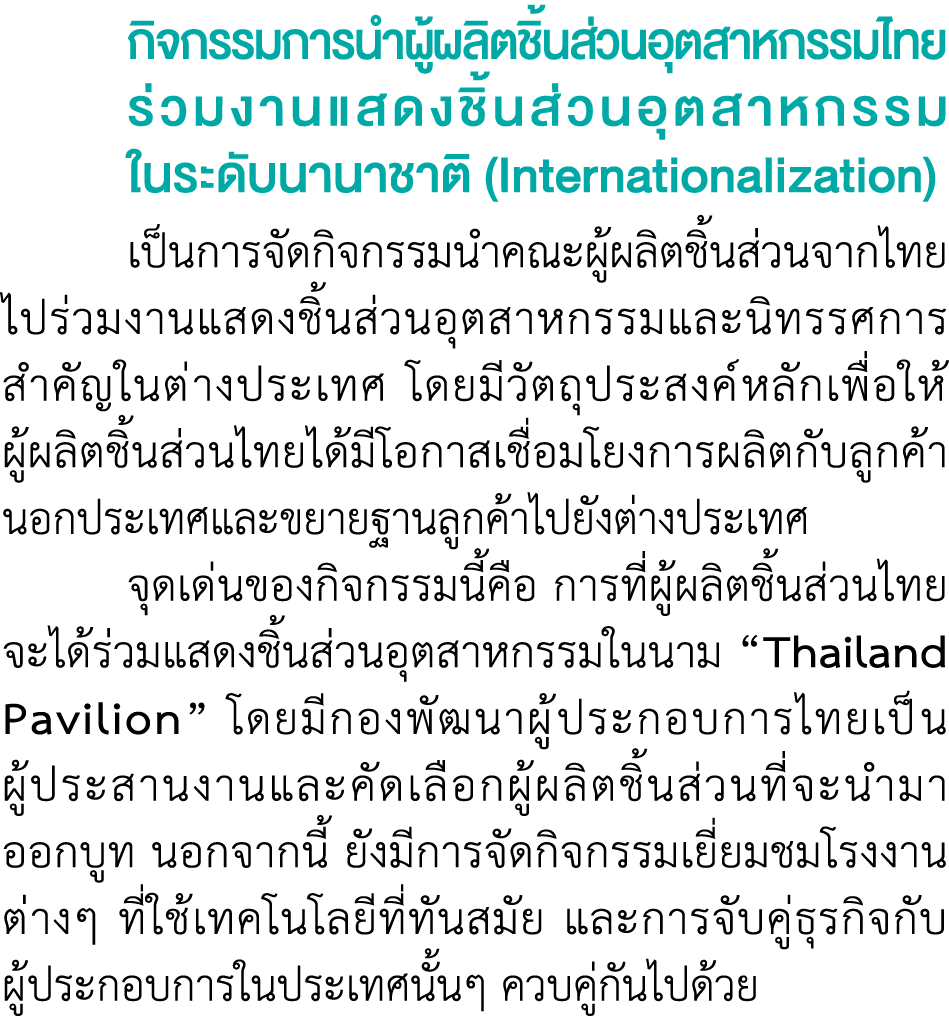  กิจกรรมการนำผู้ผลิตชิ้นส่วนอุตสาหกรรมไทย ร่วมงานแสดงชิ้นส่วนอุตสาหกรรม ในระดับนานาชาติ (Internationalization) เป็น...