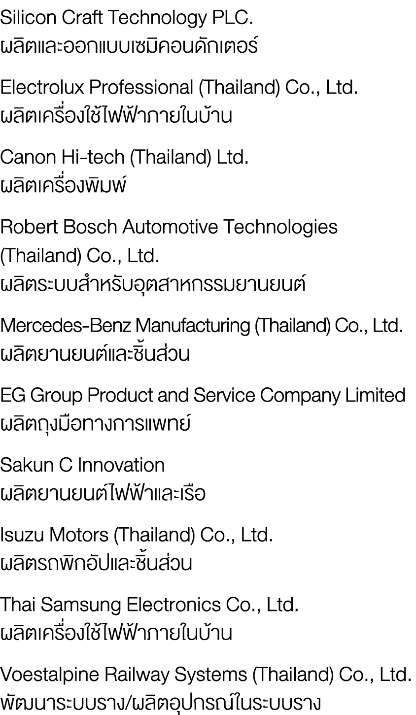 Silicon Craft Technology PLC. ผลิตและออกแบบเซมิคอนดักเตอร์ Electrolux Professional (Thailand) Co., Ltd. ผลิตเครื่องใช...