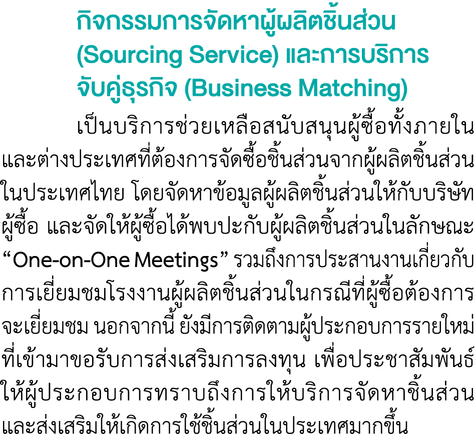  กิจกรรมการจัดหาผู้ผลิตชิ้นส่วน (Sourcing Service) และการบริการ จับคู่ธุรกิจ (Business Matching) เป็นบริการช่วยเหลื...