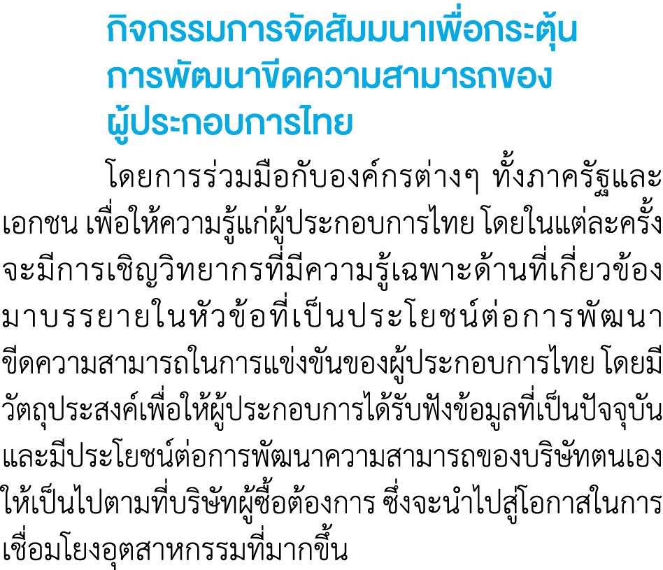  กิจกรรมการจัดสัมมนาเพื่อกระตุ้น การพัฒนาขีดความสามารถของ ผู้ประกอบการไทย โดยการร่วมมือกับองค์กรต่างๆ ทั้งภาครัฐและ...