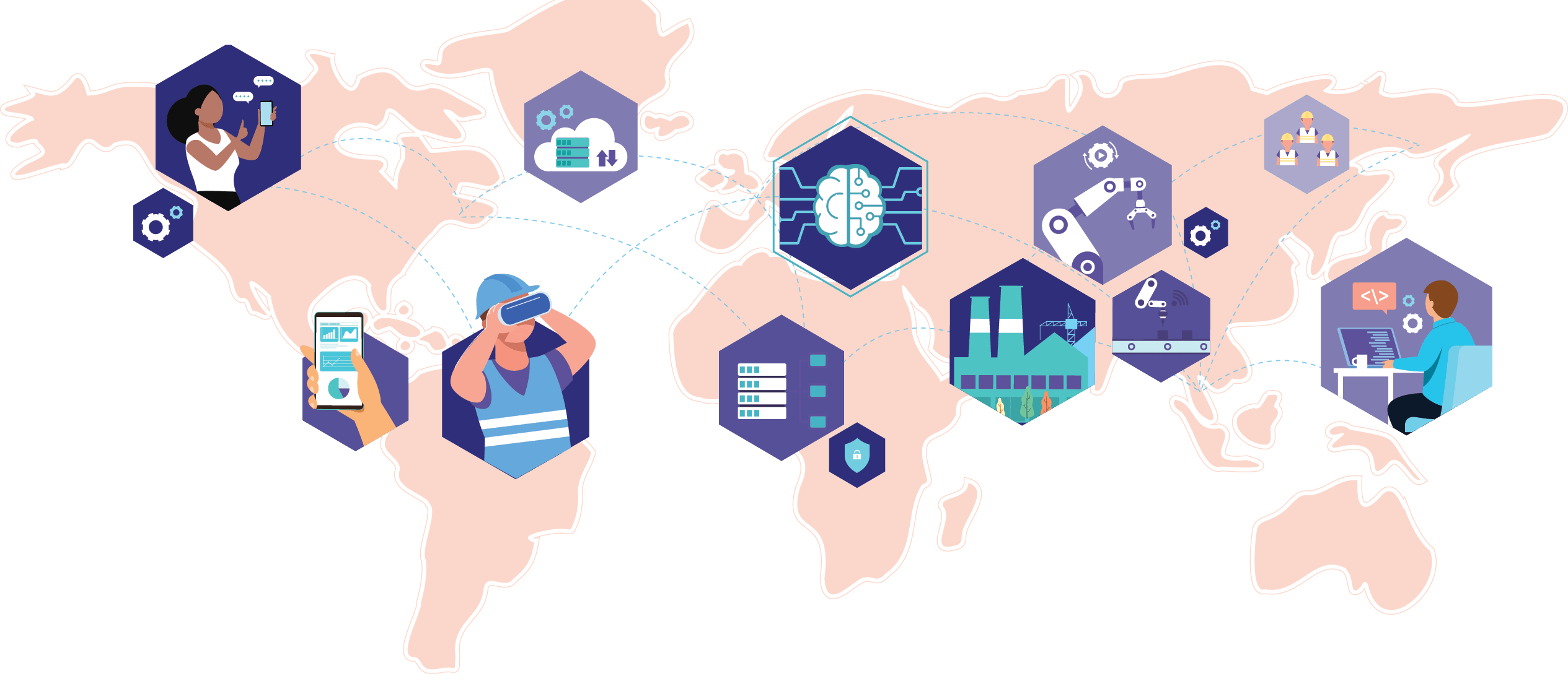 Cyber Physical Systems and cognitive computing on world map, concept Infographic of industry 4.0. vector illustration