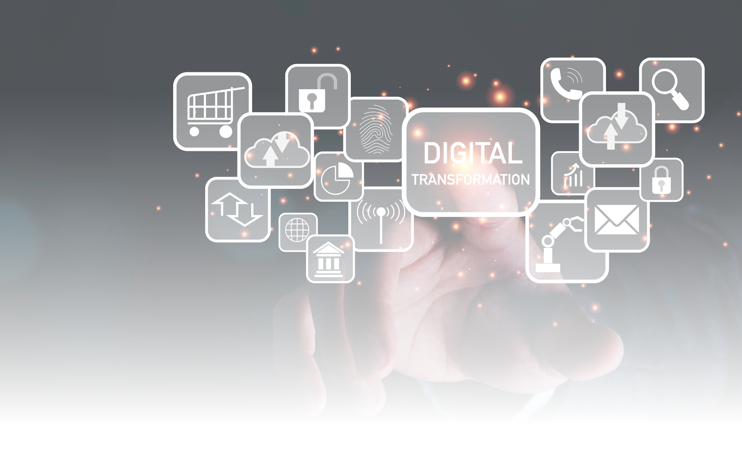 Businessman touching to virtual screen of digital transformation wording and icons, business technology information and innovation concept.