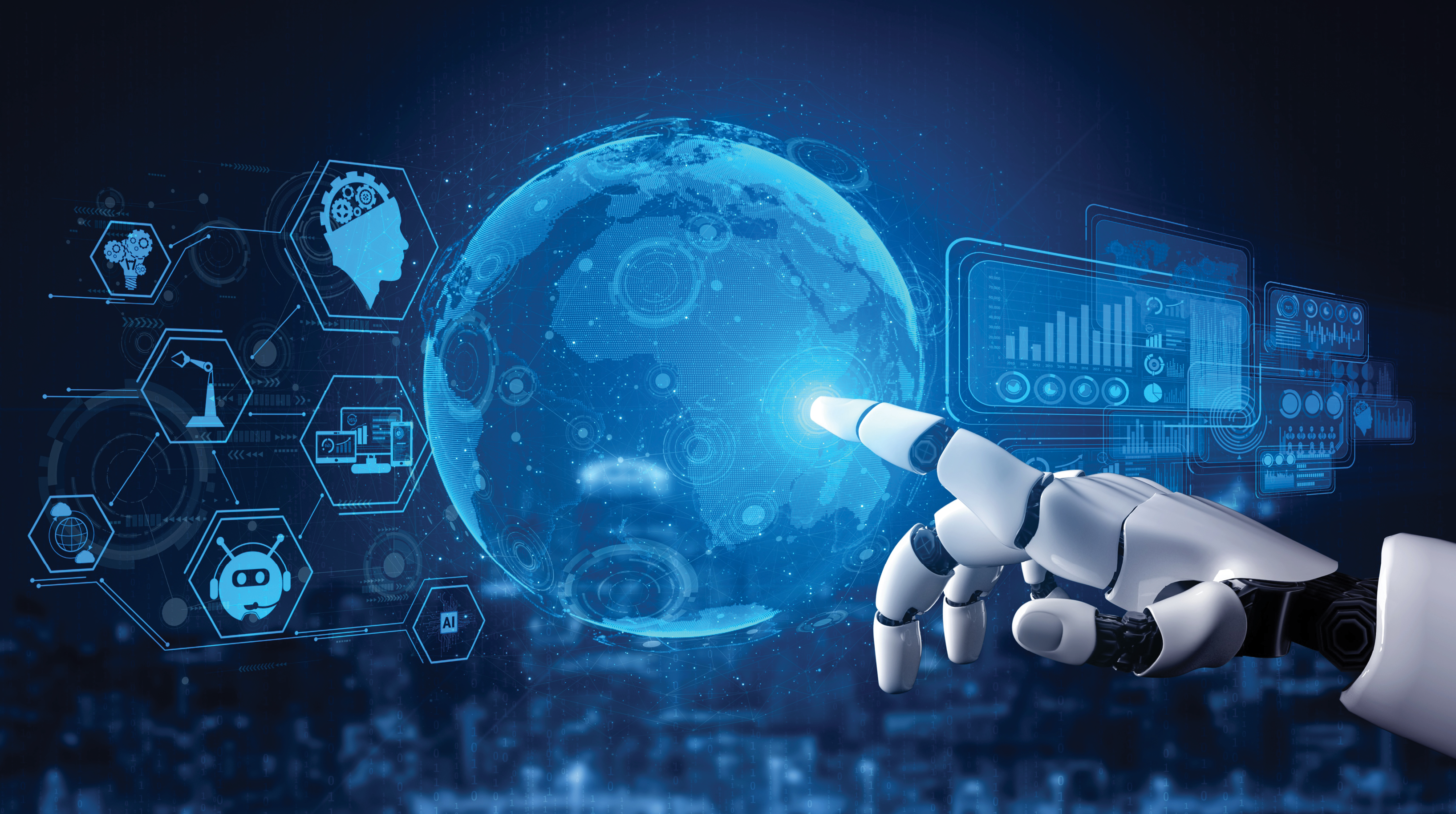 3D rendering artificial intelligence AI research of robot and cyborg development for future of people living. Digital data mining and machine learning technology design for computer brain.