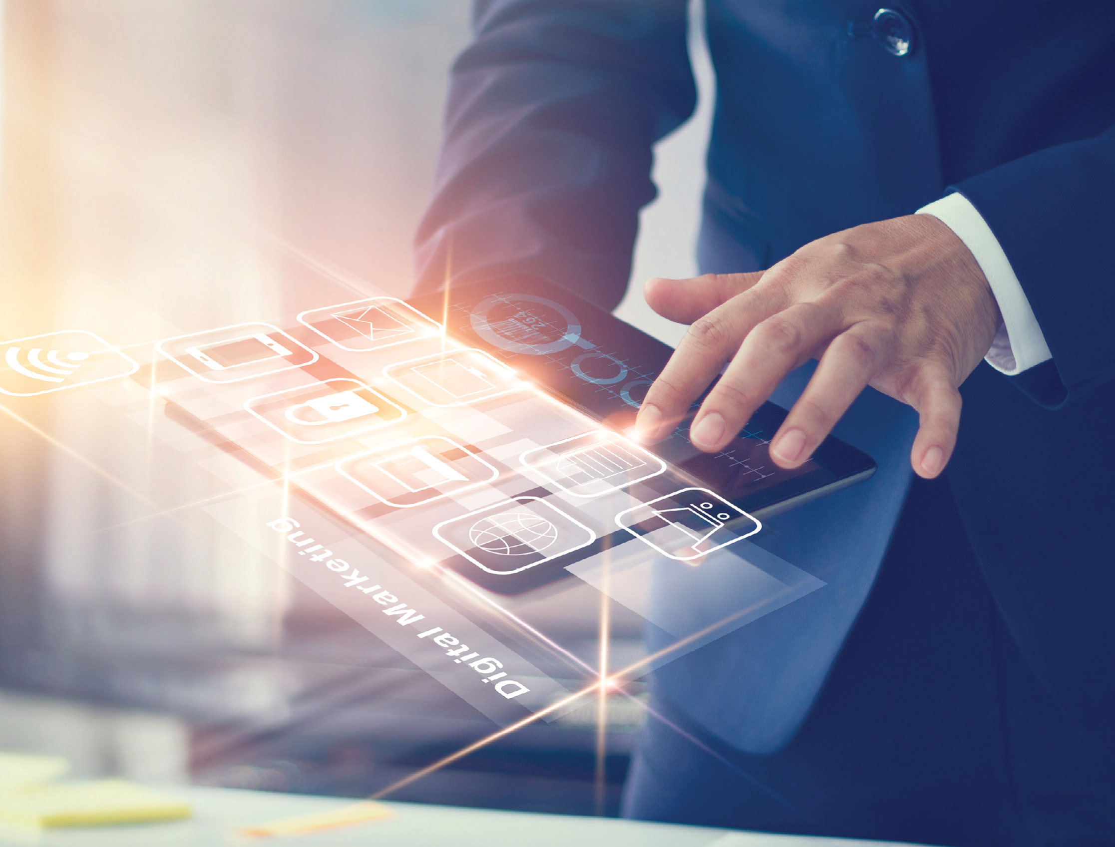 Digital marketing. Businessman using modern interface payments online shopping and icon customer network connection on virtual screen. Business innovation technology concept