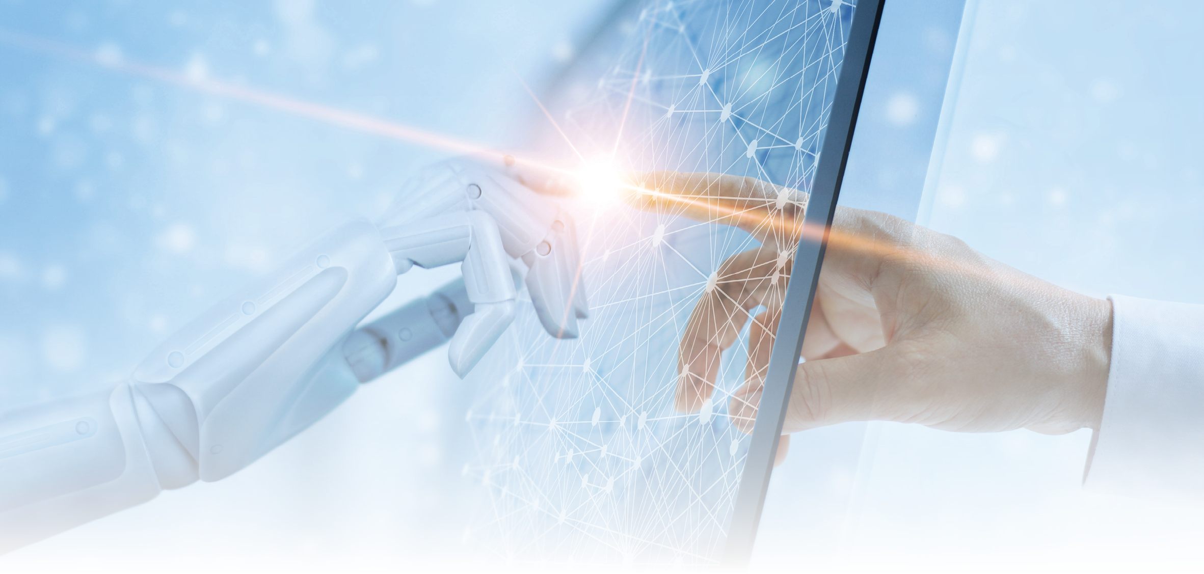 Hands of robot and human touching on global virtual network connection future interface. Artificial intelligence technology concept. 