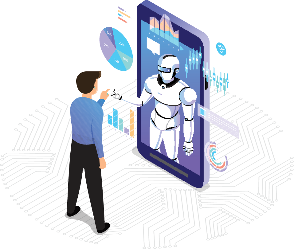 Illustrations concept artificial intelligence AI. Technology working with smart brain computer and machine connecting device. Isometric vector illustrate.